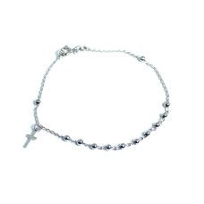 Bracciale 18,5cm regolabile argento puro 925 croce pendente pallini rosario unisex 