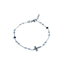 Bracciale 20cm argento puro 925 zirconi neri brillanti pallini rosario unisex